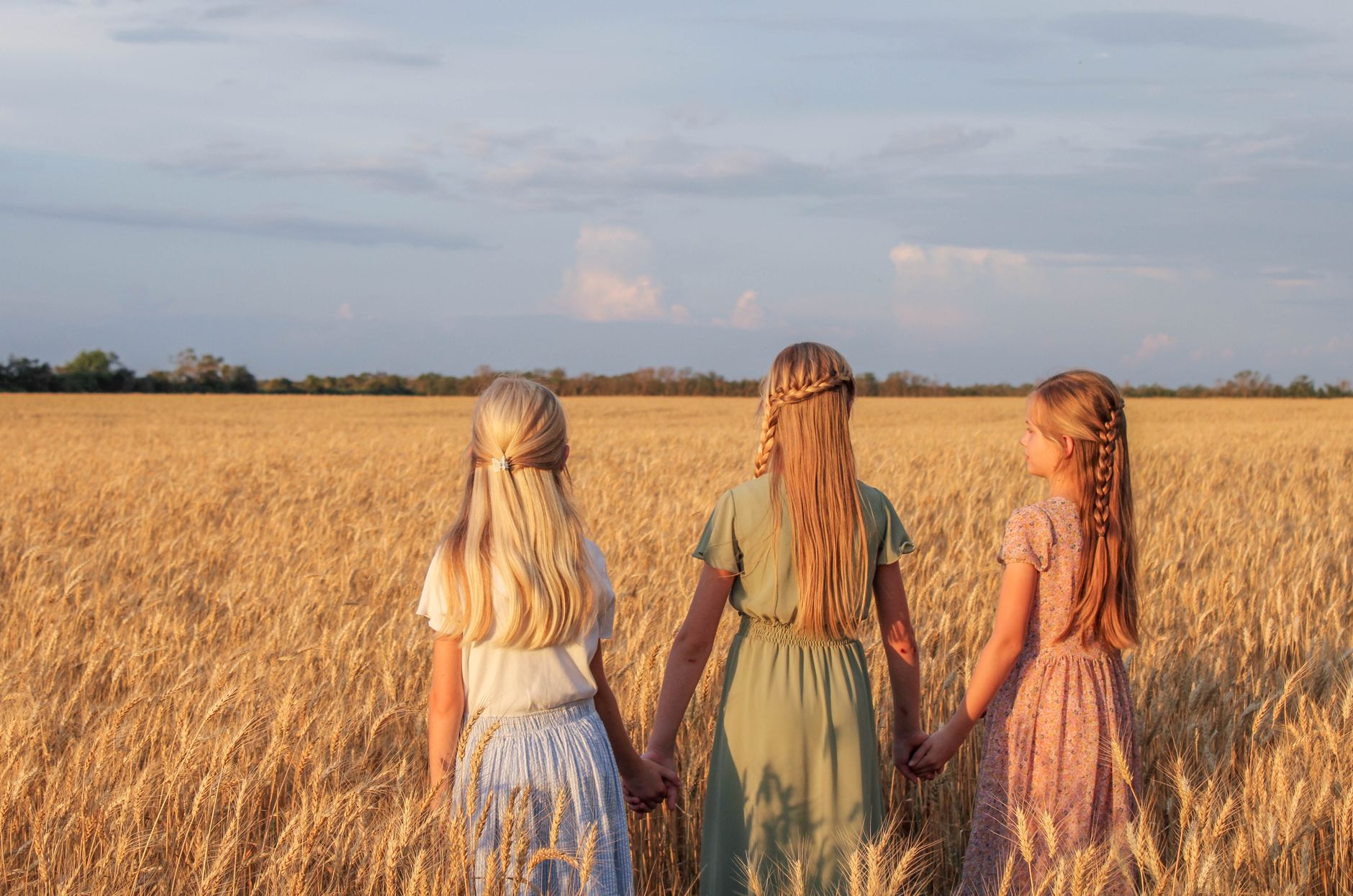 Tres chicas con el pelo trenzado están de pie, cogidas de la mano, en un campo de trigo al atardecer, mirando hacia el horizonte.